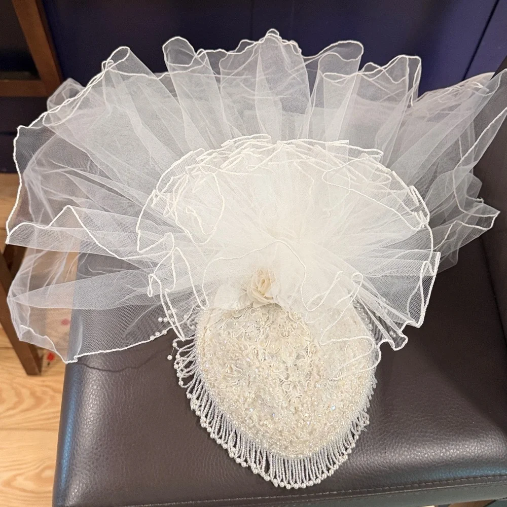 Ivory White Vintage Beaded Bridal Hairpiece/ Fascinator with toile Veil